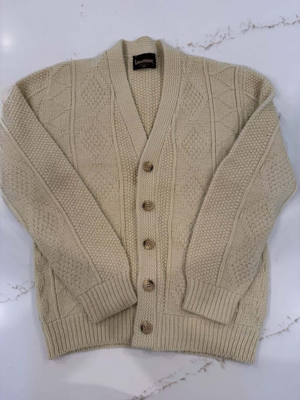 Vintage Lahmar Cream Geometric Cable Knit Button-Down Cardigan Sweater